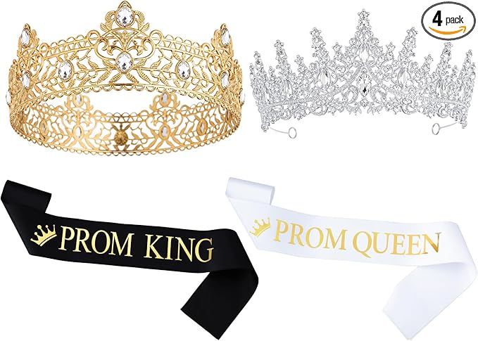 Retrowavy 4 Pcs Prom King and Queen Crown Set with Sashes Prom King Queen Sash and Tiara Set for 2026 Grad Birthday Carnival Wedding Costume Accessories(Gold,Silver)