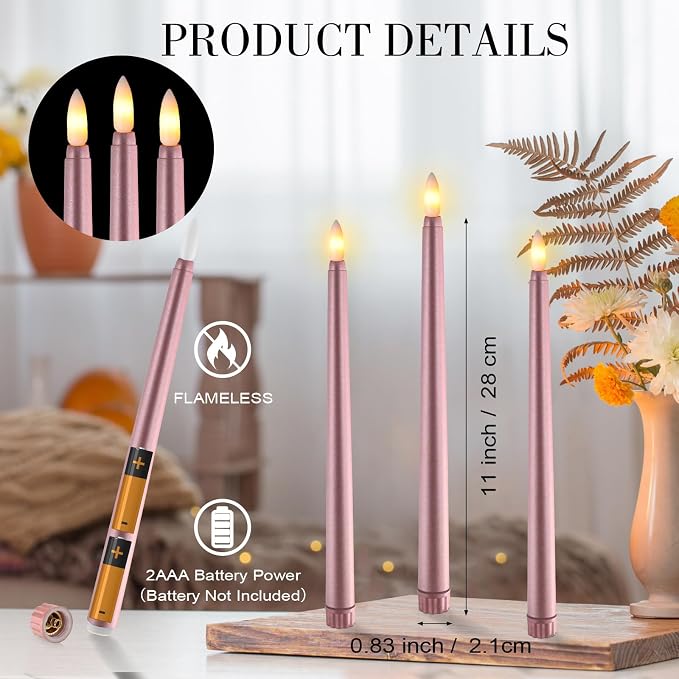 Macarrie 24 Packs Flameless Taper Candles Battery Operated Fake 11 Inch Long Candlelight LED Flameless Candlesticks Flickering Tapered for Summer Fall Wedding(Rose Gold)