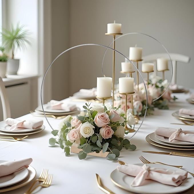 12Pcs 12 Inch Metal Floral Hoop Centerpiece With Stand for Table, Silver Center Pieces Decoration With Wood Base for DIY Wedding Decor Wall Hanging Crafts