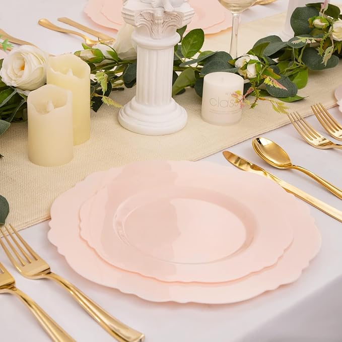 WDF 60pcs Pink Plastic Plates - Baroque Pink Disposable Plates Including 30 Dinner Plates 10.25inch, 30 Dessert Plates 7.5inch for Upscale Wedding/Baby Shower/Spring/Mother's Day