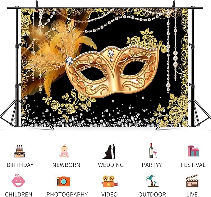 8x6ft Masquerade Backdrop Black Gold Masquerade Ball Decoration Mardi Gras Carnival Party Photography Background Birthday Banner Dress-up Prom Cake Smash Photo Booth Prop