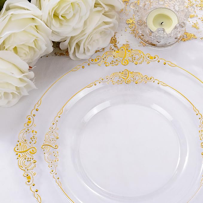 Nervure 600PCS Gold Plastic Dinnerware - Clear and Gold Disposable Plates for 100 Guests - 200 Disposable Plates, 300 Plastic Silverware, 100 Cups for Wedding & Party