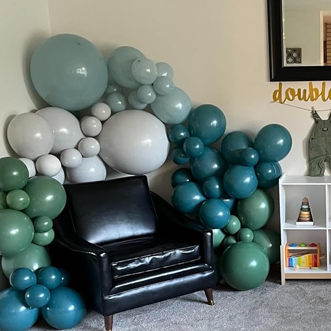 Double Stuffed Dusty Blue Green Balloon Arch Kit, Boho Neutral Balloon Garland Kit Sage Dusty Green Slate Blue Teal Latex Balloons for Baby Shower Bridal Shower Dinosaur Birthday Party Decorations