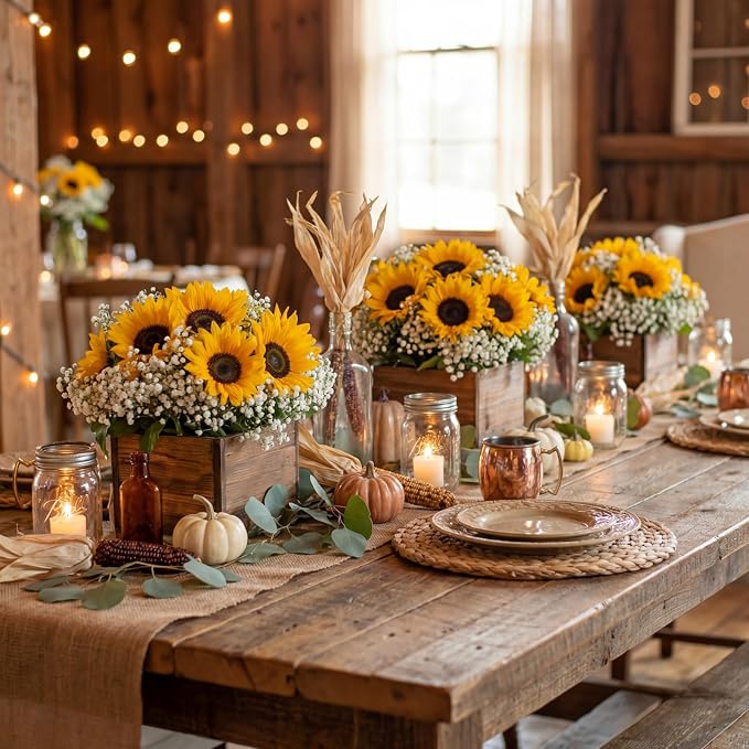 Suncalla 162 Pcs/6 Set Sunflower Centerpieces for Tables with Wood Box Farmhouse Babysbreath Centerpiece Vase Decor for Engagement Party Bridal Shower Centerpieces Wedding Reception Picnic Table Decor