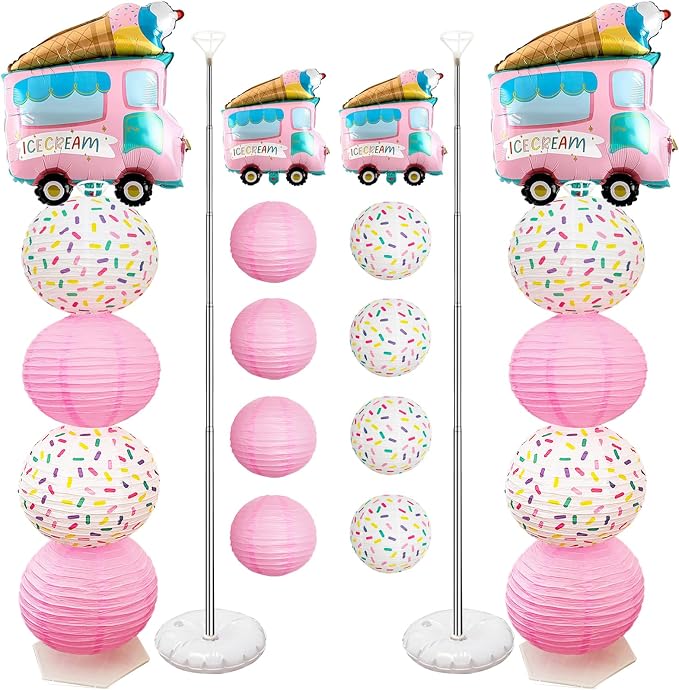 Ice Cream Balloon Column Stand Kit and Paper Lantern 2 Sets 5 Feet with Reusable Metal Telescopic Design for Ice Cream Parties, Birthday Decorations for Girls,Wedding