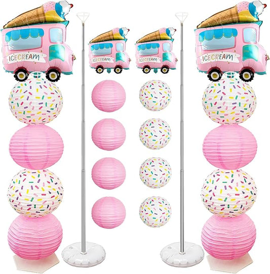 Ice Cream Balloon Column Stand Kit and Paper Lantern 2 Sets 5 Feet with Reusable Metal Telescopic Design for Ice Cream Parties, Birthday Decorations for Girls,Wedding
