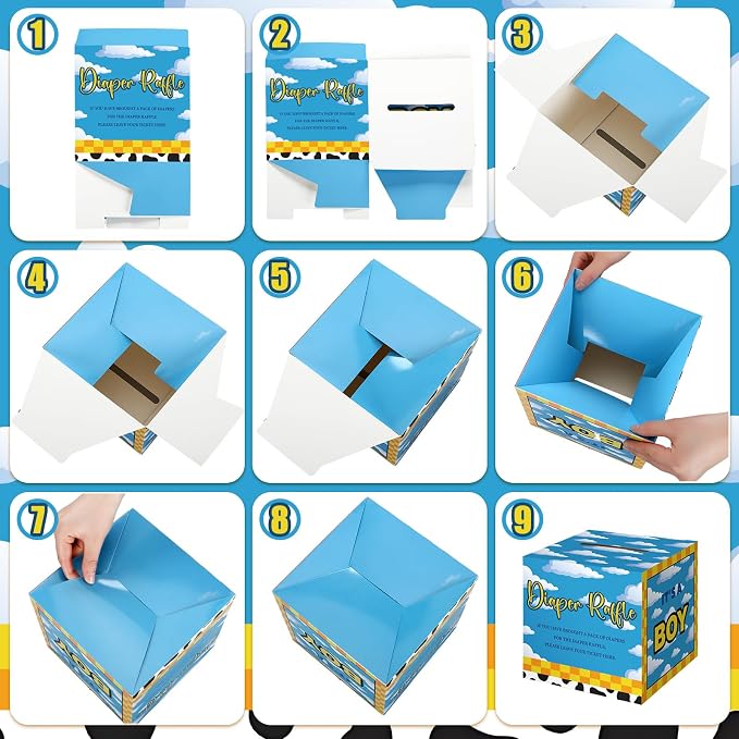 Teling 51 Pieces Diaper Raffle Tickets with Card Box Baby Shower Decorations Gender Reveal Holder Box for Girl Boy Diaper Raffle Party (Cartoon)