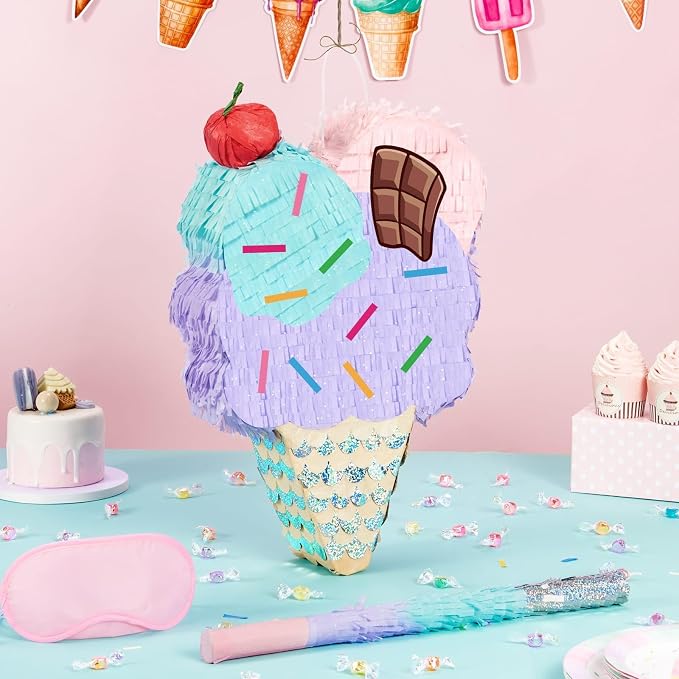 WERNNSAI Ice Cream Piñata - Summer Ice Cream Party Decorations for Kids Girls Birthday Pink Piñata Game Candyland Sweet Theme Party favors supplies with Bat Blindfold