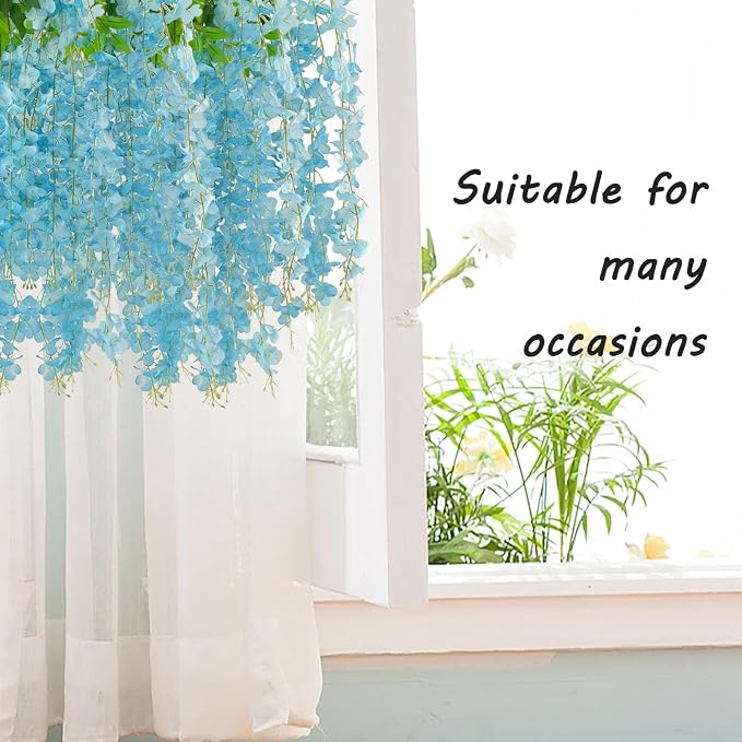 24 Pack Lake Blue Wisteria Hanging Flowers Garland, 3.77 Feet Artificial Flower Vines, Fake Wisteria, Artificial Vines Hanging Garland for Backdrop Outdoor Yard Garden Decor