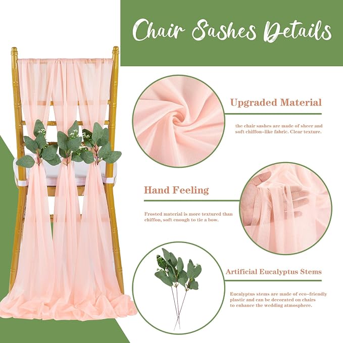QueenDream Blush Sashes Wedding Decorations: 50PCS Tulle Chair Cover Bands Aisle Sheer Chair Bows for Birthday Party Banquet