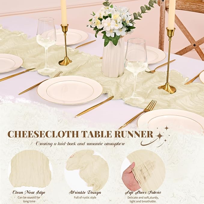 12 Pack Cheesecloth Table Runner,Ivory Table Runner Long Romantic Semi Sheer Rustic Boho Gauze Table Runners for Wedding Bridal Shower Birthday Party Decorations(17.7×108 Inch)