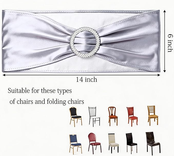 Pack of 50 Metallic Silver Chair Sashes for Wedding Elastic Chairs Bands Chair Bows for Party Decorations, Without White Chairs Covers (Metallic Silver)