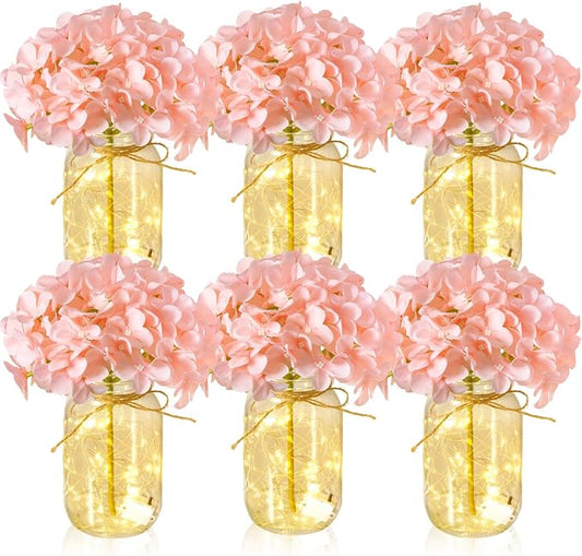 6 Sets Mason Jar with Lights Pink Hydrangea Decorative Pink Centerpieces for Tables Mason Jars Flowers Decorations LED Farmhouse Vase for Home Wedding Event Party Decor