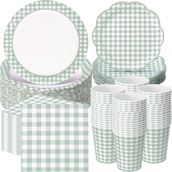 Funnymoom 250 Pcs Sage Green Gingham Paper Plates and Napkins Party Supplies Green and White Checkered Disposable Plaid Tableware Set for Wedding Bridal Shower Farmer Market Picnic Party Decorations