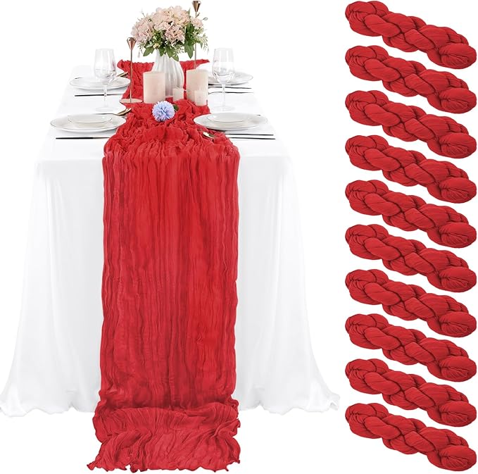 10 Pcs Red Cheesecloth Table Runner 10FT, Gauze Table Runner for Wedding Reception Sheer Bridal Shower Birthday Party Boho Table Decoration, Rustic Romantic Wedding Runner