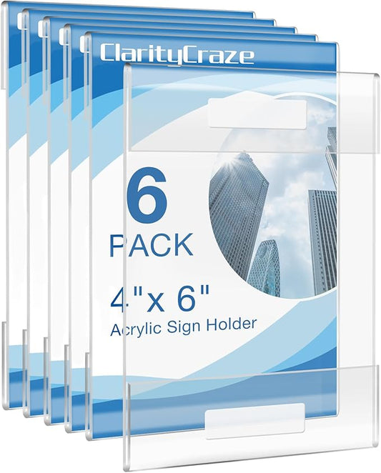 6 Pack Acrylic Wall Sign Holder, 4"x6" Wall Mount Clear Plastic Sign Holders with Tape, Wall Sign Memo Document Menu Holder for Office, Home, Store, Restaurant