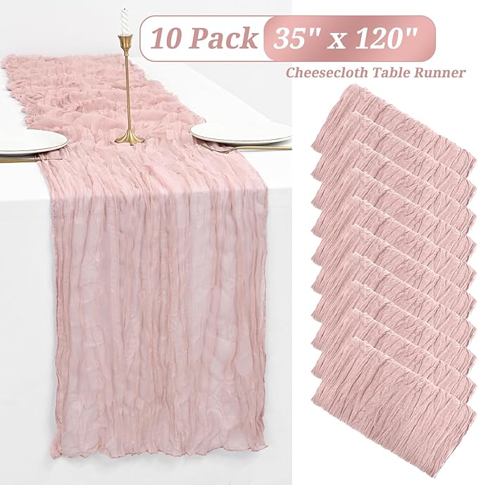 10 Pack Dusty Pink Cheesecloth Table Runner Gauze - 10FT Long Semi-Sheer Table Runner Boho or Rustic Wedding Table Decor for Wedding Decor Arch Draping Valentine's Day Easter Holiday Party