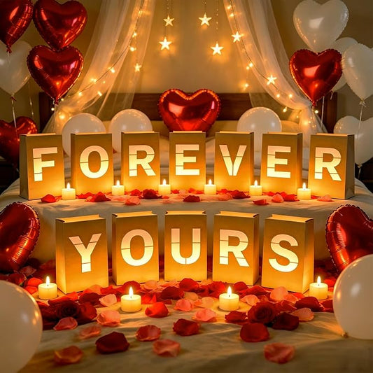 FOREVER YOURS Light Up Letters, with Tea Lights Candles, Rose Petals, Pearlescent Foil Balloons - Luminary Paper Bags, Anniversary Decorations and Valentines' Day Decorations for Your Loved One