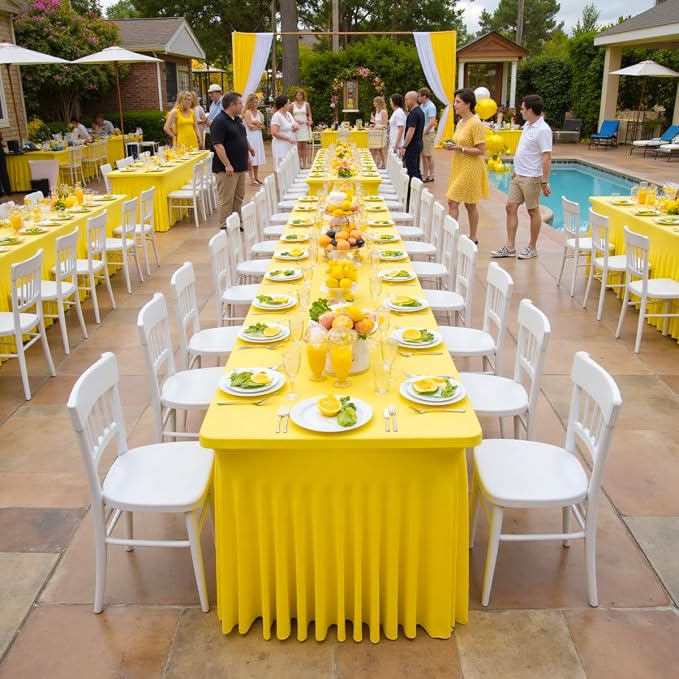 4 Pack Yellow Spandex Tablecloths for 8 Foot Rectangle Tables, Wrinkle Free Lemon Fitted Tablecover 8ft Stretchy Table Clothes with Skirt for Weddings Birthday Party Banquet Baby Shower