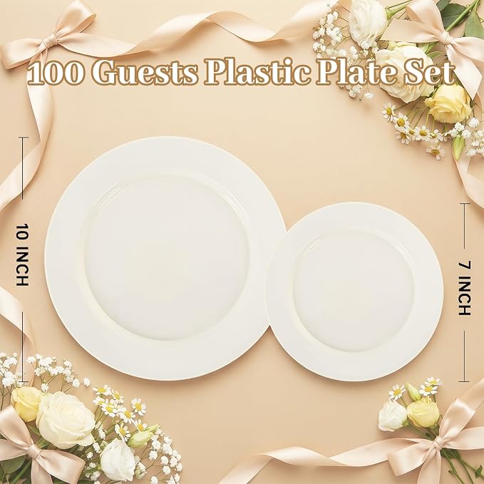 I00000 200 Pcs Ivory Plastic Plates, Disposable Party Plates Include 100 Ivory Dinner Plate 10’’ and 100 Plastic Dessert Plate 7’’ Perfect for Birthday, Party & Wedding