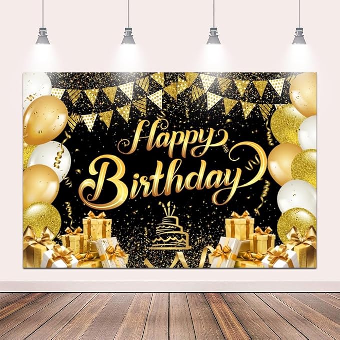 7x5ft Black Gold Birthday Backdrop, Golden Balloons Glitter Star Party Photo Background Banner