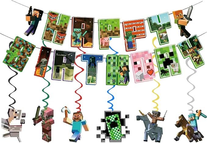 60Pcs For Pixel Birthday Party Decorations, Party Supplies Set Including Balloons, Backdrop, Banner, Tablecloth, Hanging Swirls, Cake Cupcake Toppers for Pixel Theme Party