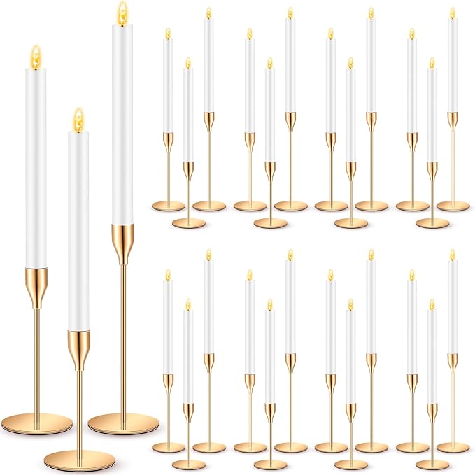 FillTouch 30 Pcs Gold Candlestick Holders with Flameless LED Candles Bulk Includes 15 Metal Candle Holders and 15 Battery Operated Taper Candles for Wedding Valentines Table Centerpieces Home Decor