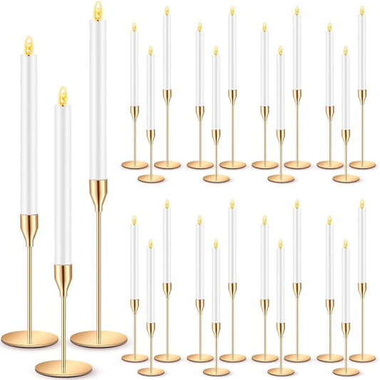 FillTouch 30 Pcs Gold Candlestick Holders with Flameless LED Candles Bulk Includes 15 Metal Candle Holders and 15 Battery Operated Taper Candles for Wedding Valentines Table Centerpieces Home Decor
