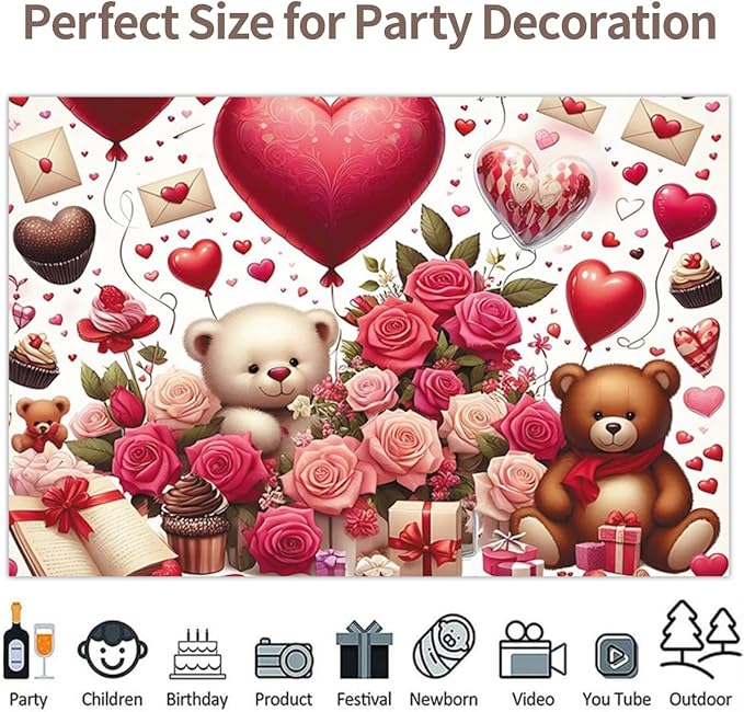 15x8ft Vinyl Happy Valentine's Day Backdrop Rose Bear Hearts Balloons Photo Background Valentines Bridal Shower Mother's Day Photoshoot Backdrops