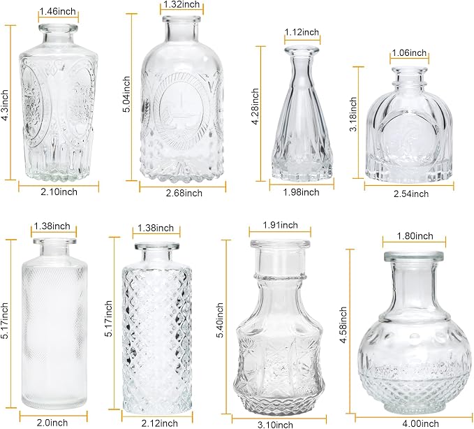 Clear Flower Vase Set, Glass Bud Vase in Bulk Set of 8,Artistic and Cultural Flavor Mini Vases for Home Office Decor, Bedroom, Office, Living Room Decorations,Wedding