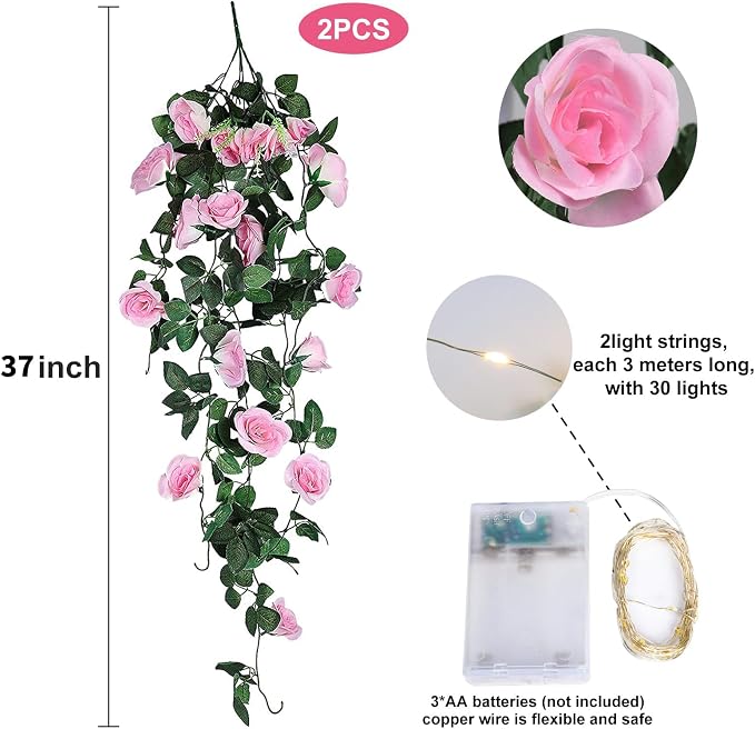 RECUTMS Hanging Flowers Artificial Rose Flower 2PCS 3.3Ft for Outdoors with 30 LED Fairy String Lights Fake Outdoor (Pink)