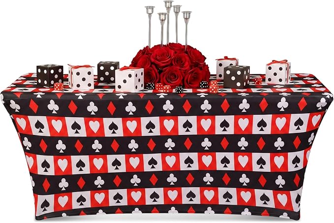Frienda 1 Pcs Casino Theme Party Decorations Tablecloth Spandex Stretch Red and Black Poker Tablecloth 71 x 30'' Casino Themed Table Cover for Poker Game Playing Card Birthday Party Supplies