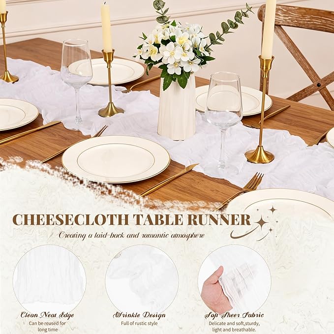 Pesonlook 12 Pack Cheesecloth Table Runner,White Table Runner Long Romantic Semi Sheer Rustic Boho Gauze Table Runners for Wedding Bridal Shower Birthday Party Decorations(17.7×108 Inch)