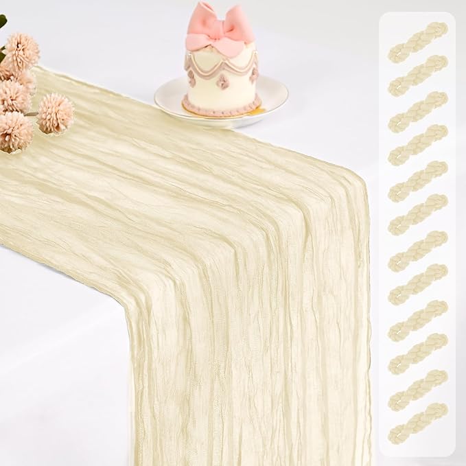 12 Pack Cheesecloth Table Runner,Ivory Table Runner Long Romantic Semi Sheer Rustic Boho Gauze Table Runners for Wedding Bridal Shower Birthday Party Decorations(17.7×108 Inch)