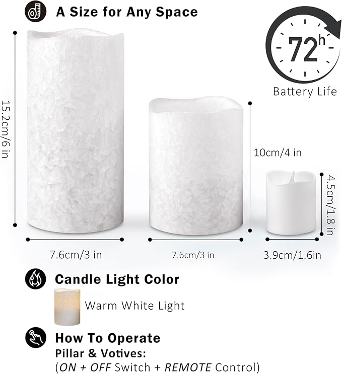 FURORA LIGHTING White Crystallized Flameless Candles - Real Wax, Adjustable Brightness, Remote & Timer - 4 Pillars (3x4, 3x6) and 4 Votives, 8-Pack, Battery Operated