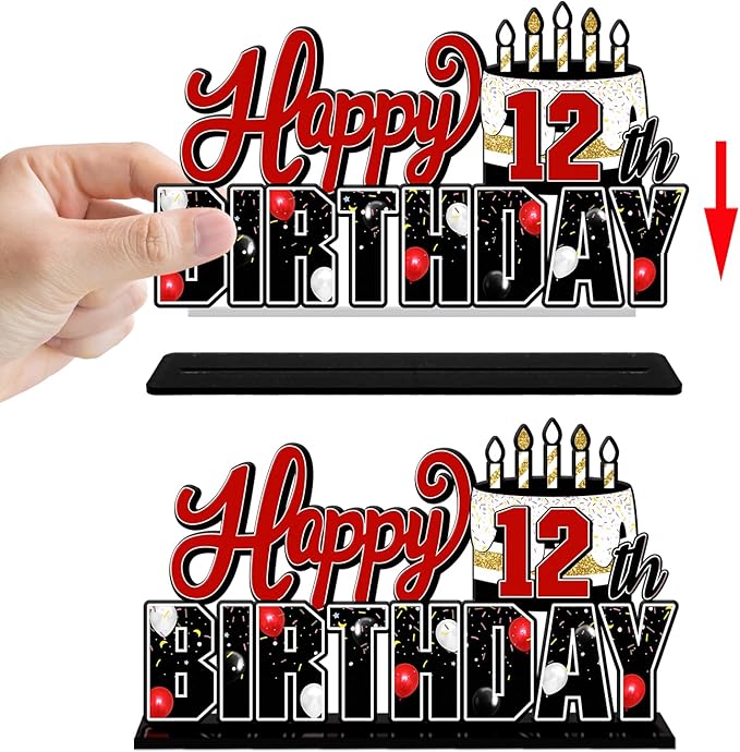LINGTEER Happy 12th Birthday Red Acrylic Table Topper Centerpieces Set - Cheers to Twelve Years Old Birthday 12th Bday Party Gift Decorations.