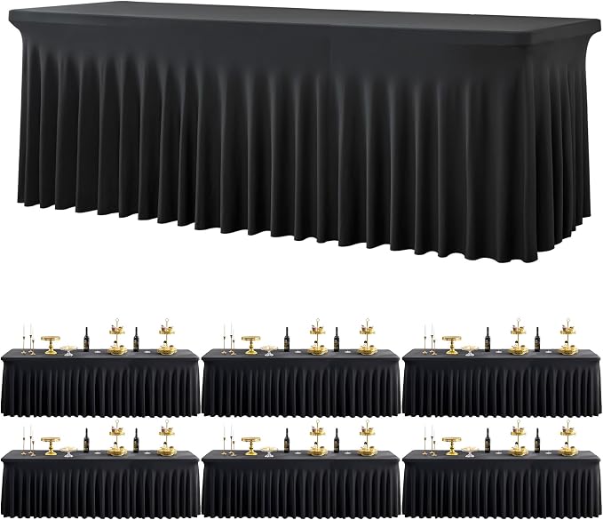 Black Spandex Tablecloth for 8 Foot Rectangle Tables, 6 Pack Black Wrinkle Free Fitted Table Cloths 8ft Stretchy Banquet Table Clothes Cover Desk Skirt for Birthday Wedding Parties Baby Shower