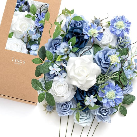 Ling's moment Fake Flowers Box, Artificial Faux Greenery Stems Silk Leaves Foam Rose for Wedding Bouquets Centerpieces Table Decorations Backyard Floral Arrangement, Dusty Blue & Ivory, Deluxe Combo