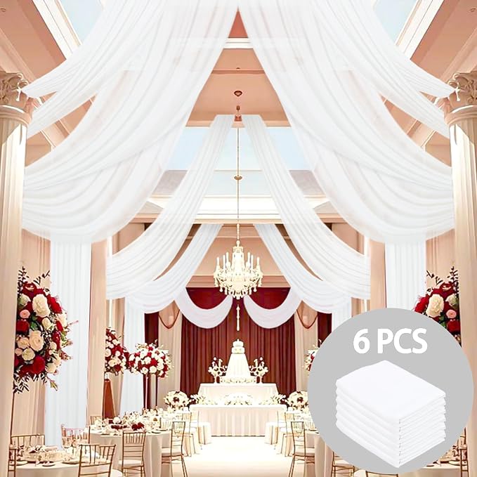 DUOBAO Sheer Voile Chiffon Fabric Draping Chiffon Ceiling Drapes 30ft, 6 Pieces White Wedding Ceiling Drapes Use for Backdrop Curtain - Wedding and Special Events - SnowWhite, 5x30feet