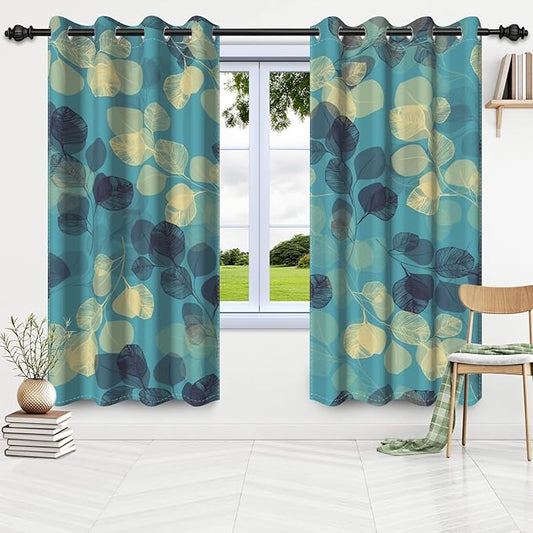 Blue Eucalyptus Leaves Window Curtains Mid Century Vintage Leaves Kitchen Curtains Abstract Art Window Drapes Window Treatment Sets Bedroom Living Room Home Decorations,53x84 inch,2 Panels