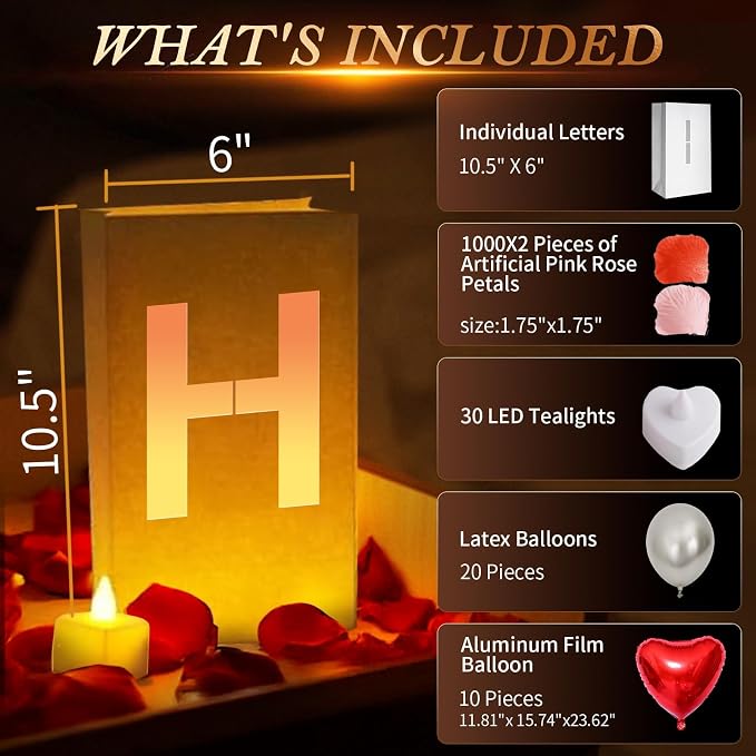 FOREVER YOURS Light Up Letters, with Tea Lights Candles, Rose Petals, Pearlescent Foil Balloons - Luminary Paper Bags, Anniversary Decorations and Valentines' Day Decorations for Your Loved One