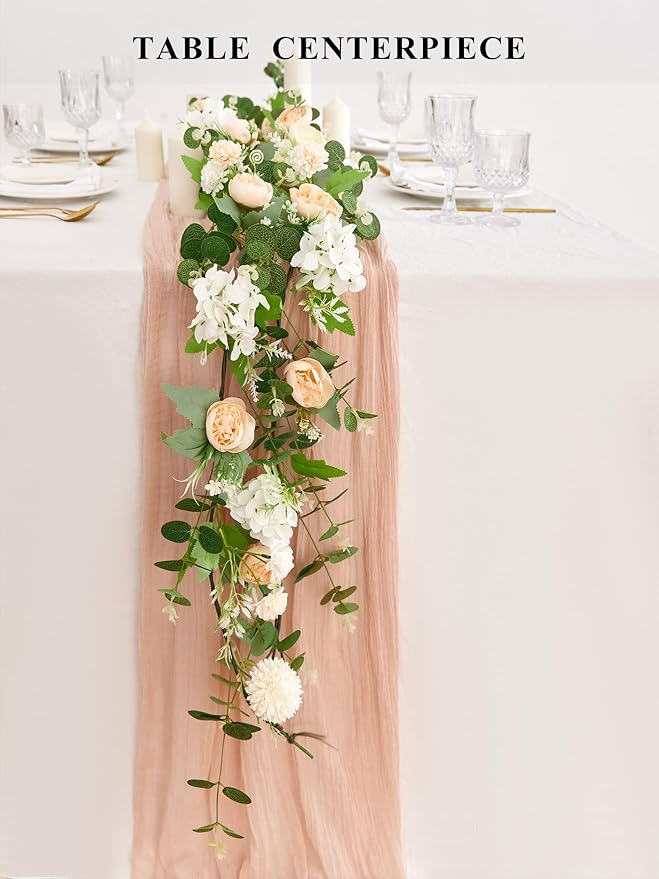 MISSPIN 5.9Ft Eucalyptus Garland with Flowers, Artificial Fake Flower Greenery Spring Garland for Baby Shower Wedding Mantle Table Centerpiece Spring Decor