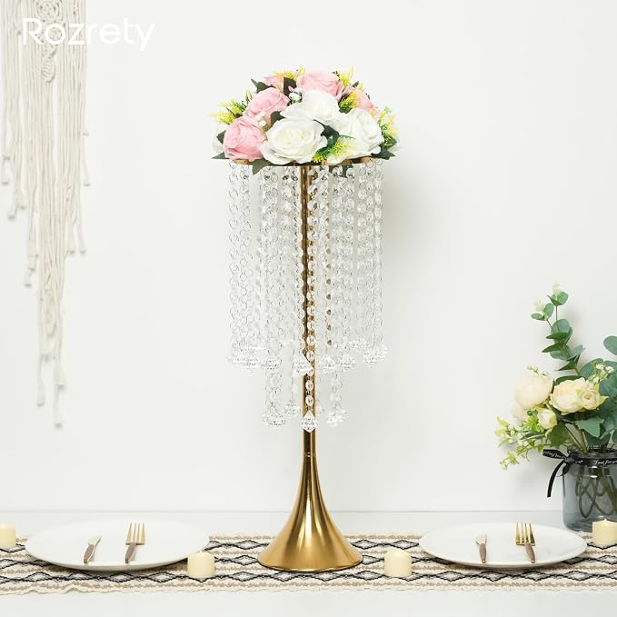 4 Pcs Gold Centerpieces for Table, Rozrety Wedding Centerpiece Vases for Tables 22inch Tall Metal Crystal Flower Stand for Party Event Wedding Anniversary Dinner Home Decorations | Rust-Resistant Metal with Crystal Drops, Versatile Style, Easy Assembly...