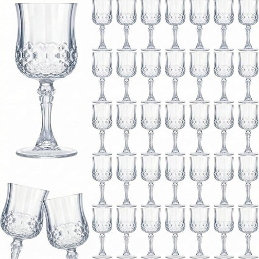 Pinkunn 50 Pcs 7 oz Plastic Vintage Wine Glasses Reusable Colored Goblets Patterned Drinking Water Glasses Cup Dishwasher Safe for Mother's Day Wedding Reception Party Supplies (Transparent)