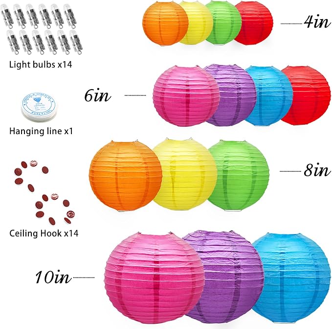 Hanging Paper Lanterns Decorative, Rainbow Colorful Chinese Paper Lanterns Ceiling Party Decorations with 14 LED Lights for Fiesta Mexican Party Baby Shower Birthday Wedding Anniversarie, Pack of 14