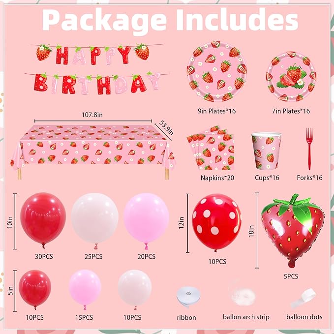 229Pcs Strawberry Birthday Party Decorations,Strawberry Party Supplies Balloon Arch,Strawberry Decor Tableware Set Plates Fork Cups Napkins and Tablecloth