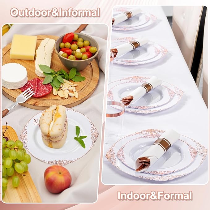 Nervure 700PCS Rose Gold Plastic Plates - Rose Gold Plastic Dinnerware Sets for 100 Guests - 200 White Disposable Plates, 300 Silverware, 100 Cups, 100 Napkins for Wedding & Party & Mothers Day