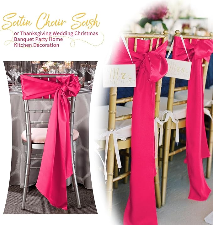 60 PCS Hot Pink Satin Chair Sashes, Ties Bows Designed Chairs Decorative, Chair Cover Sashes for Thanksgiving Wedding Christmas Banquet Party Home Kitchen Decoration (7 x 108 inch)