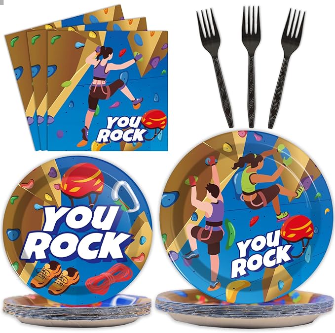 96 Pcs Rock Climbing Party Plates and Napkins Supplies Tableware Disposable Camping Party Dinner Dessert Plates for Rock Climbing Camping Adventure Table decorations, 24 Guests