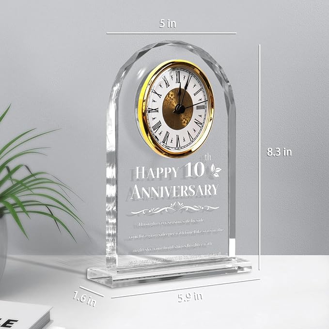 10th Wedding Anniversary Clock Gifts for Couples - Elegant Crystal Glass Clock Keepsake for Husband & Wife - Unique Home Decor for 10 Years of Marriage